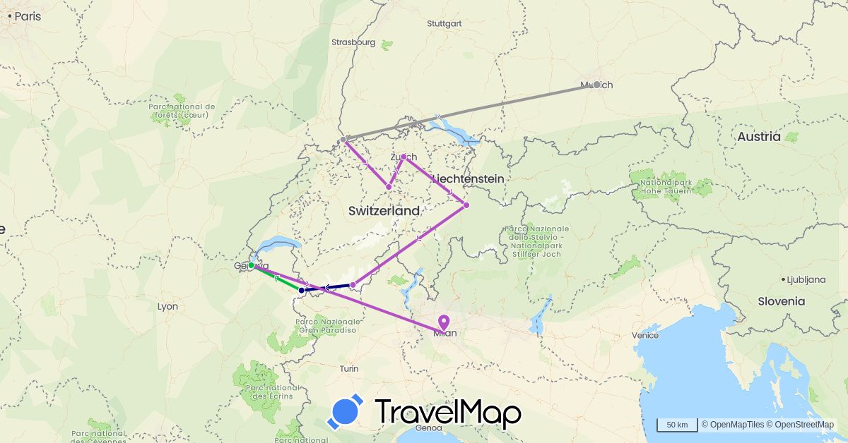 TravelMap itinerary: driving, bus, plane, train in Switzerland, Germany, France, Italy (Europe)