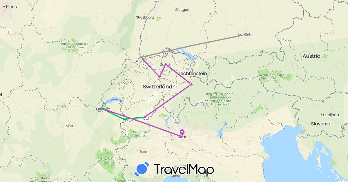 TravelMap itinerary: driving, bus, plane, train in Switzerland, Germany, France, Italy (Europe)