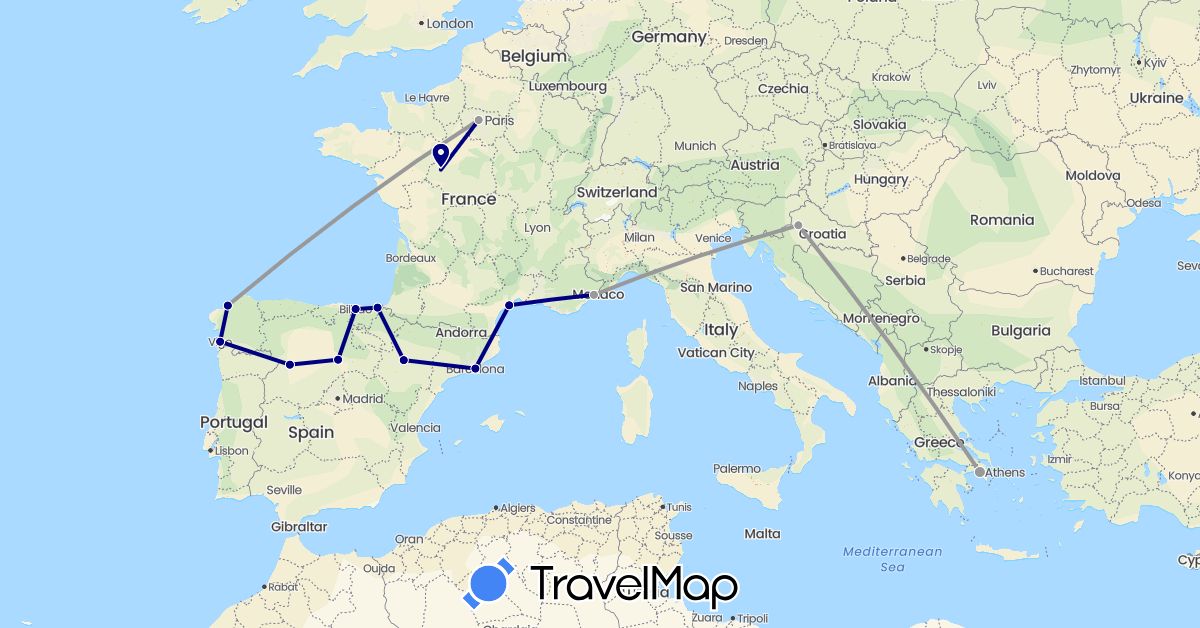 TravelMap itinerary: driving, plane in Spain, France, Greece, Croatia (Europe)